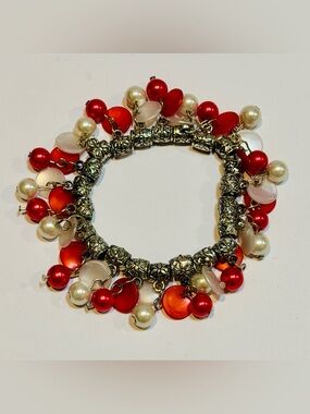 Chunky Charm Stretch Bracelet Red Pearl Silver Tone Statement Bracelet